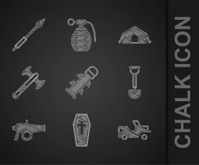 Set Rocket, Coffin with cross, Military jeep, Sapper shovel, Cannon, War axe, medical tent and Medieval spear icon. Vector