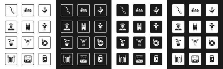Set Corn, Garden worker clothes, Scarecrow, Sickle, Pickup truck, hose and Plant in pot icon. Vector