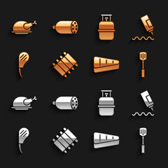 Set Grilled pork bbq ribs, Sauce bottle, Barbecue spatula, Steak meat, Rib eye steak, Propane gas tank, Roasted turkey chicken and Salami sausage icon. Vector