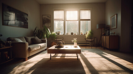 Fototapeta premium A modern and clean soft ashen living room is lit with sun beams coming in from the left without people present.