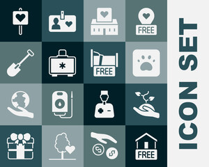 Set Free home delivery, Volunteer team planting trees, Paw print, center, First aid kit, Shovel, Location with heart and overnight stay house icon. Vector