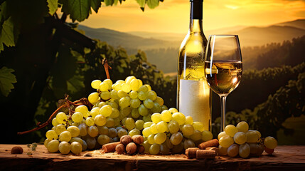 Naklejka premium Bottles and wineglasses with grapes and barrel in green Toscana hills scene background