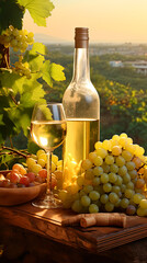 Bottles and wineglasses with grapes and barrel in green Toscana hills  scene background