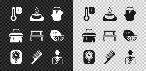 Set Sauna thermometer, Aroma candle, Wooden log, Hairbrush, Man in sauna, and wood bench icon. Vector