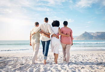 Back, hug and family at the beach for walking, travel or relax by the ocean on holiday. Together, care and parents with adult people at the sea during summer for a vacation, love or support in nature