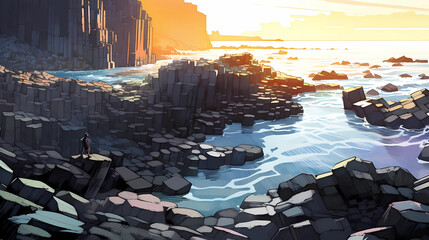 Illustration of beautiful view of Giants Causeway, Ireland