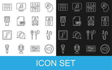 Set line Speaker volume, Audio jack, Music player, Sound mixer controller, MP3 file document, Drum, synthesizer and Stereo speaker icon. Vector