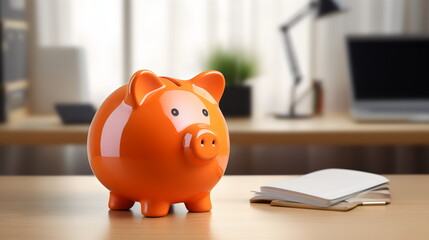 orange ceramic piggybank on desk in bright modern office