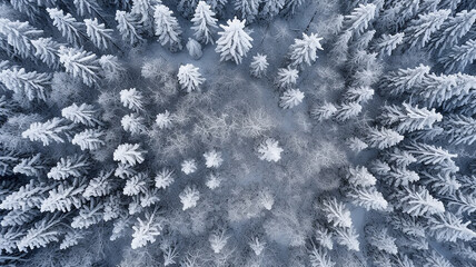 The northern cold coniferous forest is covered with frost and snow, the landscape is an aero view