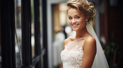Naklejka premium Amazing smiling wedding couple. Pretty bride and stylish groom.
