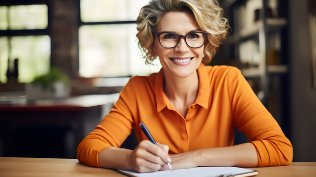 smiling woman writing on paper at work wearing orange polo collar shirt