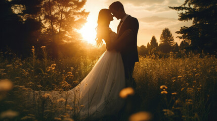 Beautiful bride and groom at sunset in green nature.