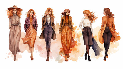 Fototapeta premium autumn fashion clothes, a group of models of girls, in october look, watercolor on a white background drawing, models in a row