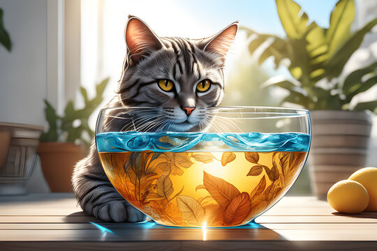 a piteous cat coveting a fishbowl. Generative AI