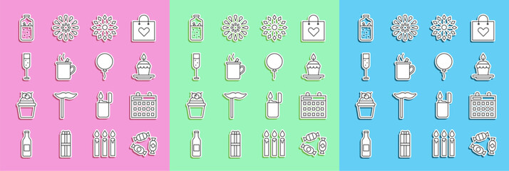 Set line Candy, Birthday calendar, Cake with burning candles, Firework, Mulled wine, Glass of champagne, and Balloon ribbon icon. Vector