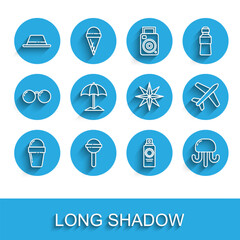 Set line Ice cream in waffle cone, Lollipop, Man hat with ribbon, Sunscreen spray bottle, Jellyfish, protective umbrella for beach, Plane and Wind rose icon. Vector