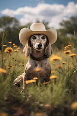 old dapple dachshund dog wearing cowboy hat sitting in a flower field meadow - obrazy, fototapety, plakaty