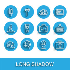 Set line Speech bubble with airplane, Globe flying, Ice cream, Map pointer star, First aid kit, Sunscreen tube, Signboard text Hotel and Suitcase icon. Vector