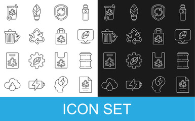 Set line Paper with recycle, Barrel, Location leaf, Recycle symbol inside shield, bin, and bag icon. Vector