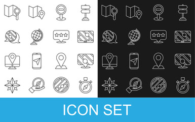 Set line Compass, Infographic of city map navigation, City, Stop sign, Earth globe, Search location and Map pointer with star icon. Vector