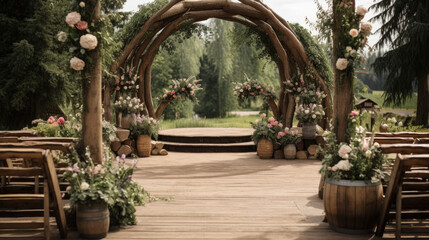 Obraz premium Beautiful place made with wooden square and floral decorations for outside wedding ceremony in wood