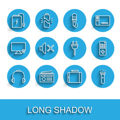 Set line Headphones, Radio with antenna, Power bank charge cable, Graphic tablet, Flashlight, Speaker mute, Remote control and Electric plug icon. Vector