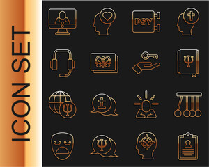 Set line Medical clipboard, Pendulum, Psychology book, Psi, Psychology,, Rorschach test, Psychologist online, and Solution to the problem icon. Vector