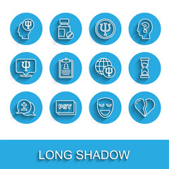 Set line Graves funeral sorrow, Psychology, Psi, Comedy theatrical mask, Broken heart divorce, Medical clipboard, Old hourglass and icon. Vector