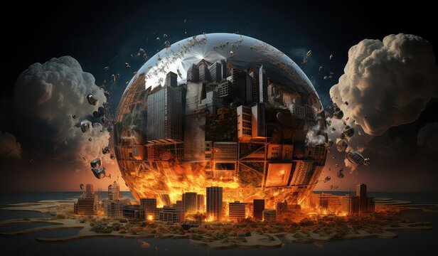 a world of oil, smoke and fire on an earth, in the style of environmental awareness, depictions of urban life, elaborate spacecrafts, photo montage, barbizon school, creative commons attribution, geod