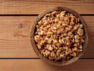 Nourishing Oatmeal Granola Bowl. Top View. Copy Space