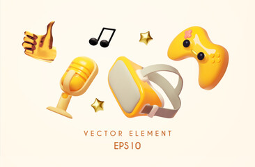 VR helmet, retro microphone and joystick and thumbs up gesture. Online gaming concept