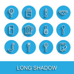 Set line Kitchen ladle, Fork, Frying pan, Spatula, Cutting board and meat chopper, Electric kettle, Spoon and Pizza knife icon. Vector