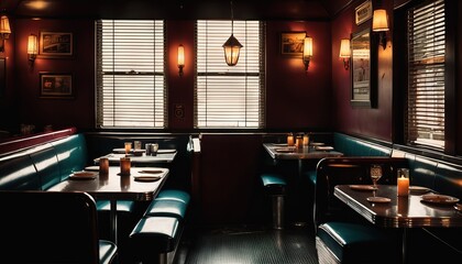 A cozy retro diner with booths and tables set for service
