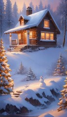 Log Cabin with Snowman and Icicles in a Snowy Forest
