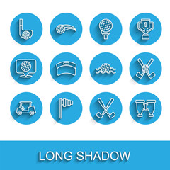 Set line Golf car, flag, club with ball, Crossed golf, Binoculars, Sun visor cap, and water icon. Vector