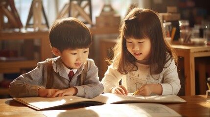 A little boy and a little girl studying maths