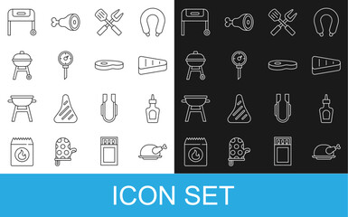 Set line Roasted turkey or chicken, Sauce bottle, Steak meat, Crossed fork and spatula, Kitchen thermometer, Barbecue grill, and icon. Vector