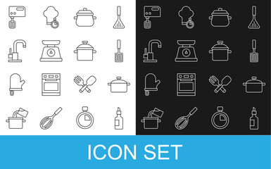 Set line Bottle of olive oil, Cooking pot, Barbecue spatula, Scales, Water tap, Electric mixer and icon. Vector