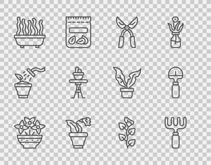 Set line Flower in vase, Garden rake, Gardening handmade scissors, pot, Plant, on table, Ivy branch and Shovel icon. Vector