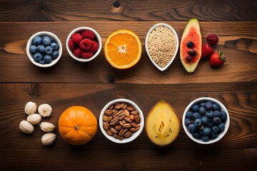 Selection of healthy food. Superfoods, various fruits and assorted berries, nuts and seeds. 