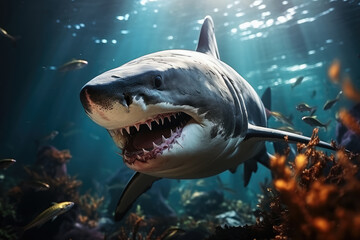 Obraz premium Great White Shark in the under sea , Beautiful Underwater and colorfull coral in wild nature of the Blue Sea Pacific Ocean , Created with Generative Ai Technology