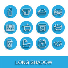 Set line Digital door lock, Bathtub, Please not disturb, Hotel booking calendar, Stars rating, Covered with tray of food, and Interior fireplace icon. Vector