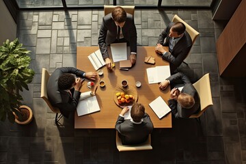 Top view of business people sitting at table and working together in office, Business meeting on a working table, top view, No visible faces, AI Generated
