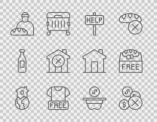 Set line Shelter for homeless, No money, Ask help text, Clothes donation, Feeding, house, Donation and food icon. Vector