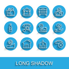 Set line Rising cost of housing, Real estate, Trash can, Church building, Donation food, Searching for, hand with money and House question mark icon. Vector