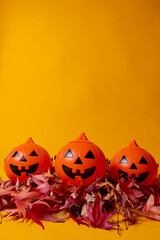 Halloween orange pumpkins on a yellow studio background, decorated with red autumn leaves