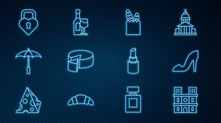 Set line Notre Dame de Paris, Woman shoe, French baguette bread, Cheese, Umbrella for beach, Castle in the shape of heart, Lipstick and Wine bottle with glass icon. Vector