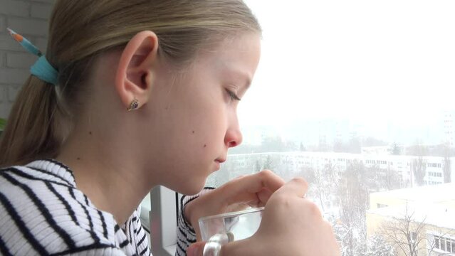Sick Child Looking Out Window, Ill Sad Kid, Girl Face Drinking Tea Blizzard Winter