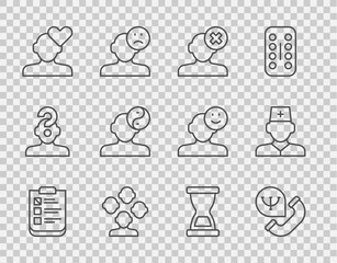 Set line Psychological test, Online psychological counseling, Solution problem psychology, Schizophrenia, Broken heart or divorce, Yin Yang symbol, Old hourglass and Male doctor icon. Vector