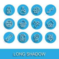 Set line Thermometer, Radiation warning document, Poisoned pill, Radioactive location, Poisonous spider, Gas mask, Acid rain and icon. Vector